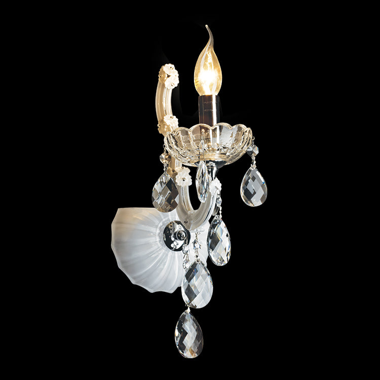 1 Arm White Glass and Crystal Wall Light